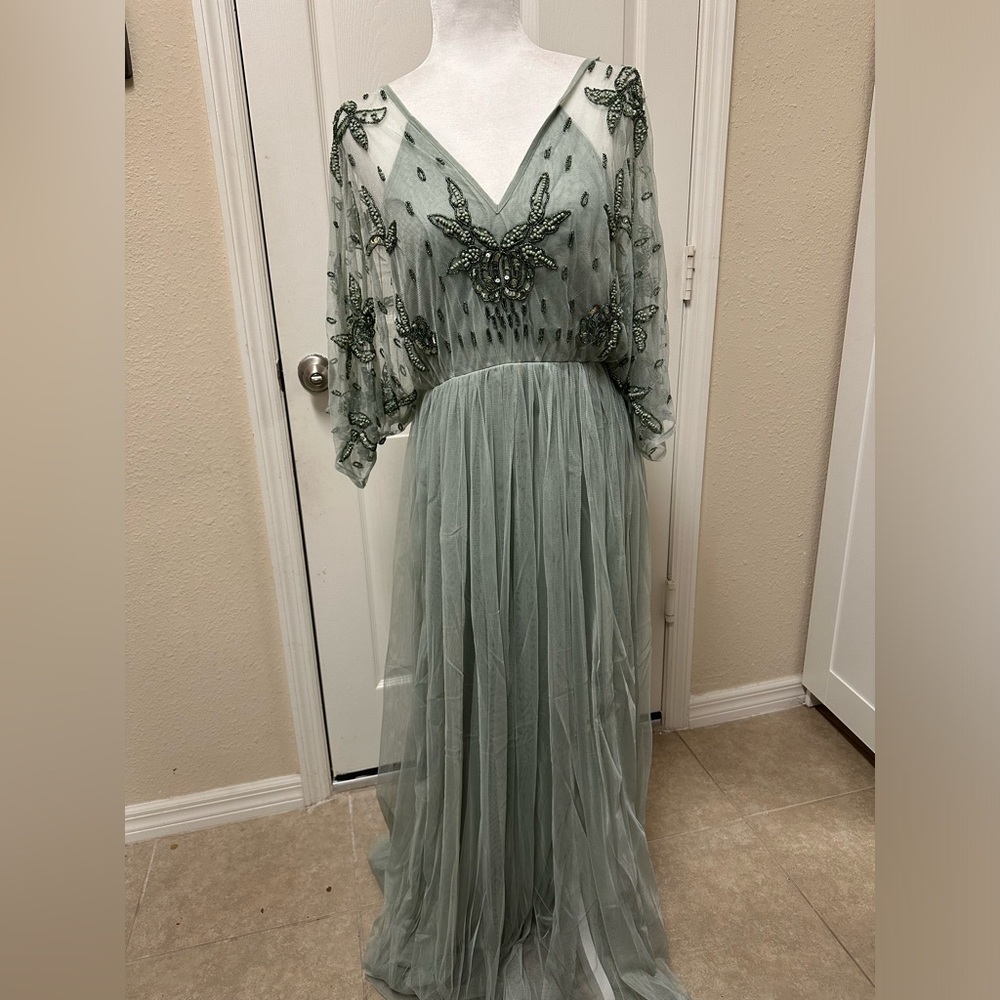 Boohoo occasion maxi dress sage green with beads.
